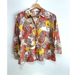 JM Collection 100% linen button up shirt spring simmer colorful paisley women 14